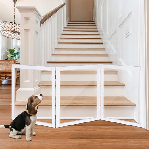 LZRS Clear Dog Gate for Indoor Use - Transparent Pet Fence with Solid Hardwood and Plastic Board, Stylish & Durable freestanding Pet Gate for Doorways, Stairs and Hallways, Off White - Image 1