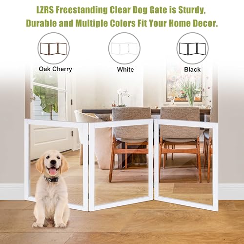 LZRS Clear Dog Gate for Indoor Use - Transparent Pet Fence with Solid Hardwood and Plastic Board, Stylish & Durable freestanding Pet Gate for Doorways, Stairs and Hallways, Off White - Image 4