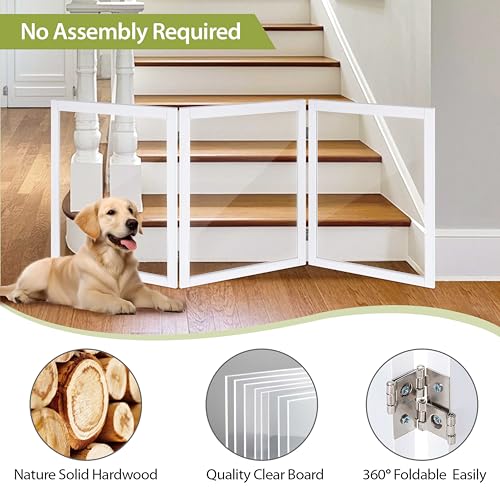 LZRS Clear Dog Gate for Indoor Use - Transparent Pet Fence with Solid Hardwood and Plastic Board, Stylish & Durable freestanding Pet Gate for Doorways, Stairs and Hallways, Off White - Image 3