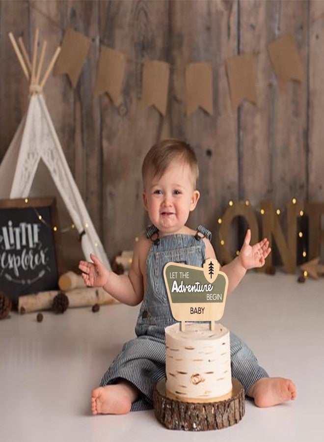 MUWEOL غطاء كعكة استحمام الطفل "دع المغامرة تبدأ" - غطاء كعكة خشبي من Happy Camper، ديكور طبيعي بطابع المغامرة، ديكورات استحمام الطفل - Image 4