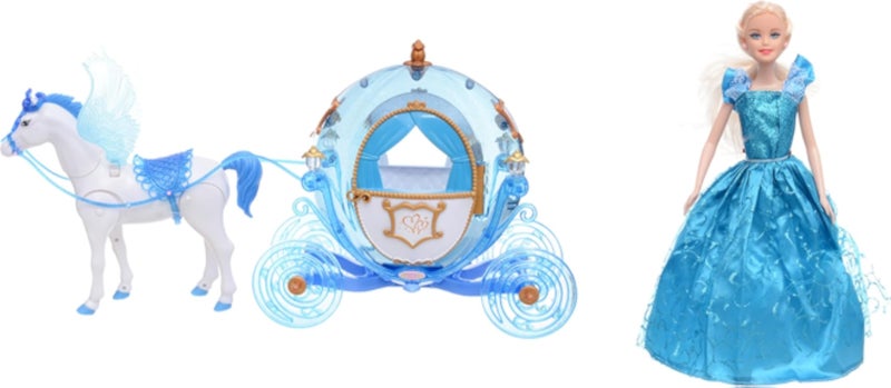عربة كهربائية بطول 62 سم ​​مع صوت ودمية باربي بطول 29 سم، تتطلب 4 بطاريات AA - تصميم الأميرة الزرقاء