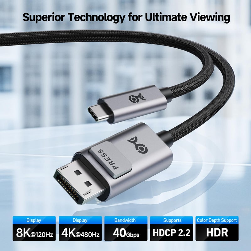 Cable Matters 40Gbps Bi-Directional USB-C to DisplayPort 2.1 Cable - 1.8m / 6ft, DP40 (UHBR10), 8K@120Hz / 4K@480Hz, DisplayPort to USB C Cable for DP Alt Mode Devices (No Power Delivery) - Image 2