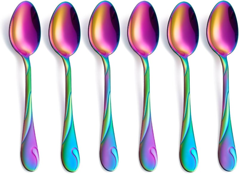 Seeshine Rainbow Dessert Spoons, 6.5-inch Stainless Steel Shiny Rainbow Teaspoon, Espresso Coffee Spoon, Tea Spoons Silverware, Set of 6 - Image 1