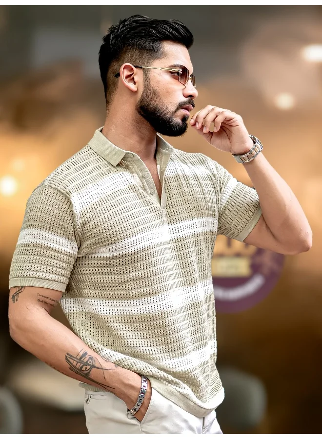 Maniac Maniac Mens Half Sleeve Beige and White Sheer Flat Knit Cotton Polo T-Shirt