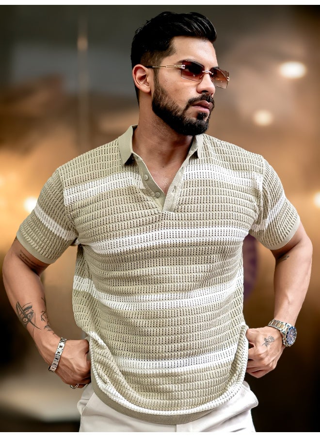 Maniac Mens Half Sleeve Beige and White Sheer Flat Knit Cotton Polo T-Shirt - Image 1