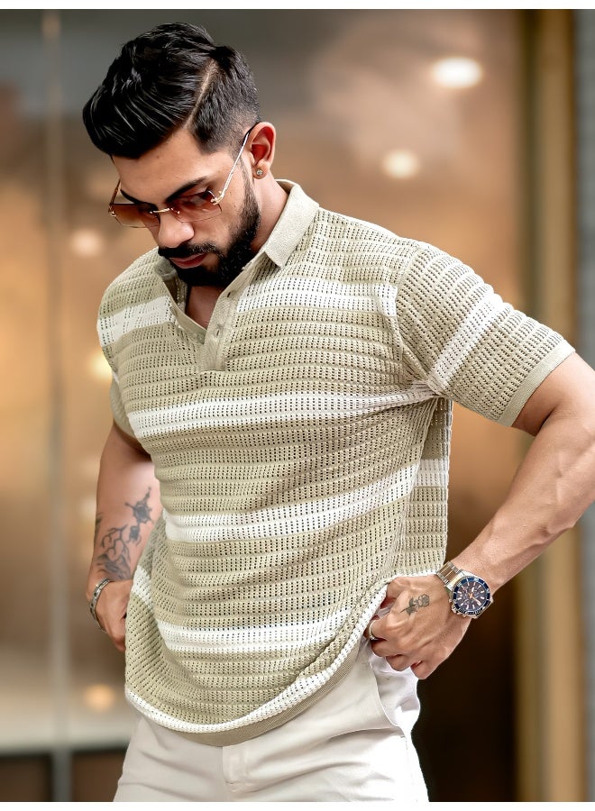 Maniac Mens Half Sleeve Beige and White Sheer Flat Knit Cotton Polo T-Shirt - Image 3