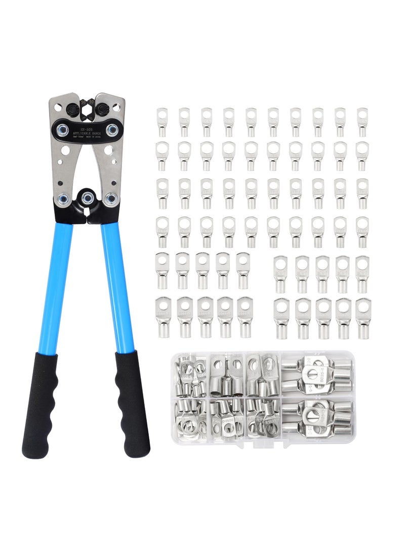 Heavy Duty Battery Cable Crimping Tool Kit with 60 Copper Ring Terminals, AWG 1/0-8, 8 Sizes for Reliable Wire Connections - Image 1