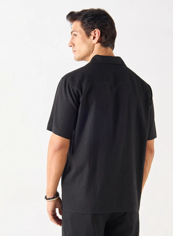 Iconic Iconic Solid Relaxed Fit Linen Blend Shirt with Camp Collar