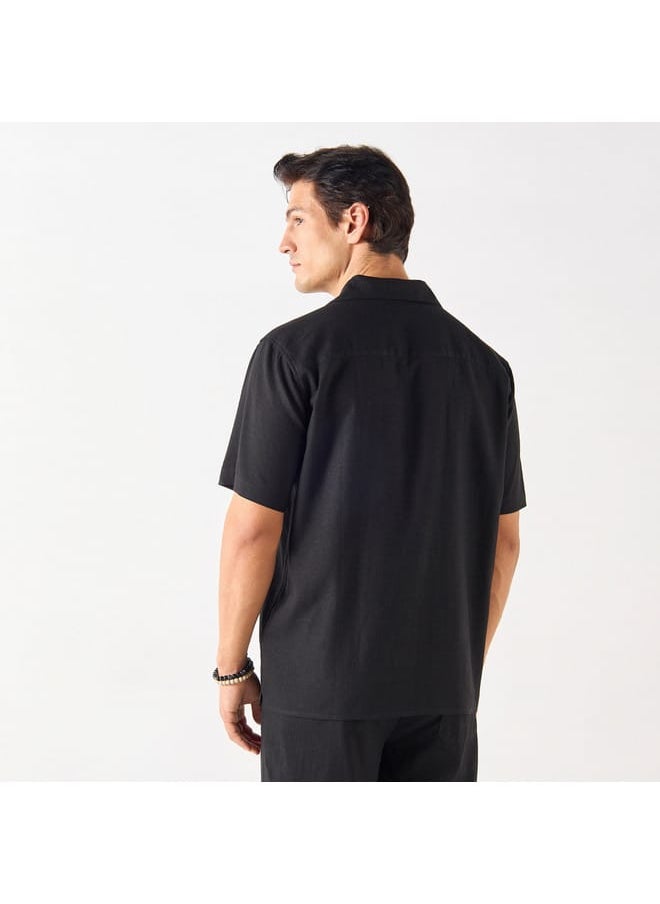 Iconic Iconic Solid Relaxed Fit Linen Blend Shirt with Camp Collar  - Image 3