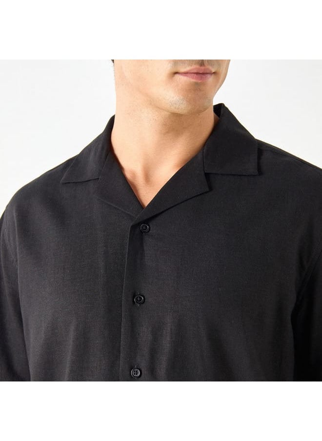 Iconic Iconic Solid Relaxed Fit Linen Blend Shirt with Camp Collar  - Image 4