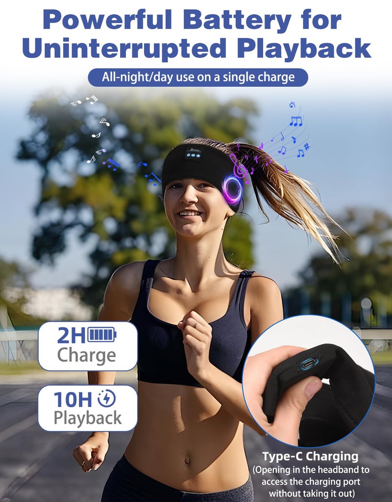 Mixiba Adjustable Sleeping Headphones, 2-Pack Headband Headphones with Fastener, Bluetooth Headband with Thin Speakers Mic for Men Women, Yoga, Running, Workout, Travel - Black&Gray - Image 4
