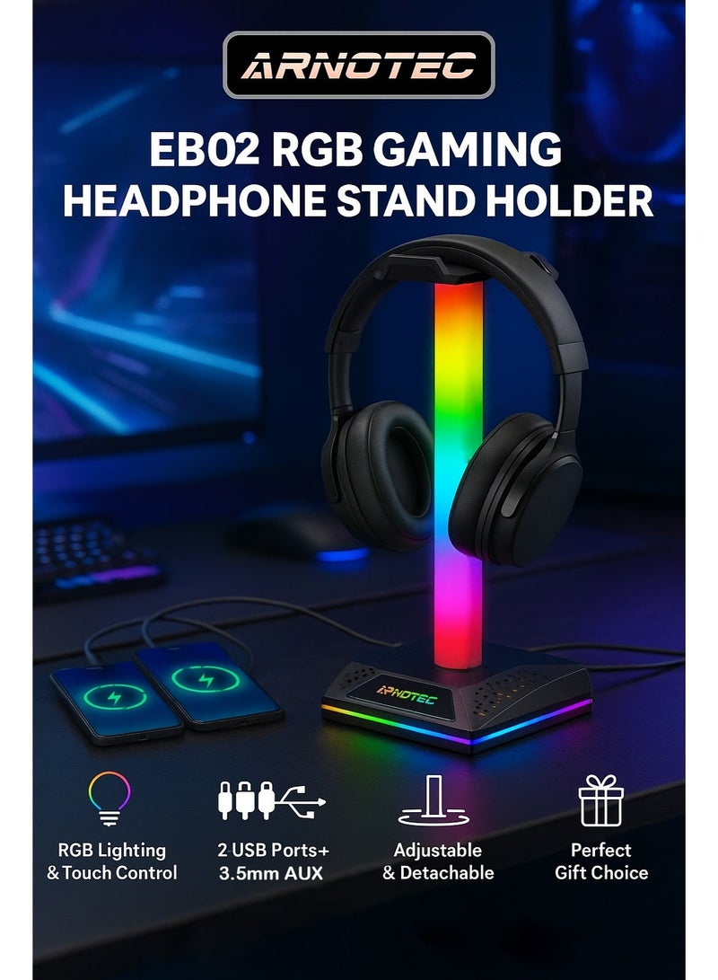 ARNOTEC EB02 RGB Gaming Headphone Stand with 3.5mm AUX & Dual USB Ports, Touch Control Light Modes – Colorful Gradient Lighting for PC Gamers - Image 1