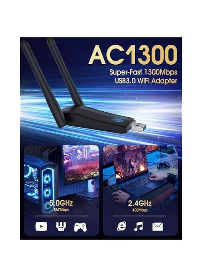 Arabest - Dual-Band Wireless USB 3.0 WiFi Adapter for Desktop Computers - AC 1300Mbps Speed - 2.4G/400Mbps & 5G/867Mbps Frequency - High Gain 5dBi Antenna - Supports Win XP/7/8/8.1/10/11 - Image 1