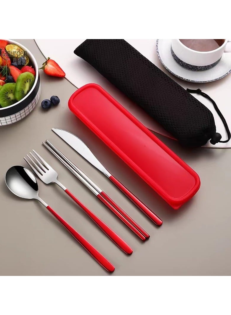 Cutlery Set – Red & Silver Knife | Spoon | Fork | Chopsticks | 4-in-1 Stainless Steel with Box