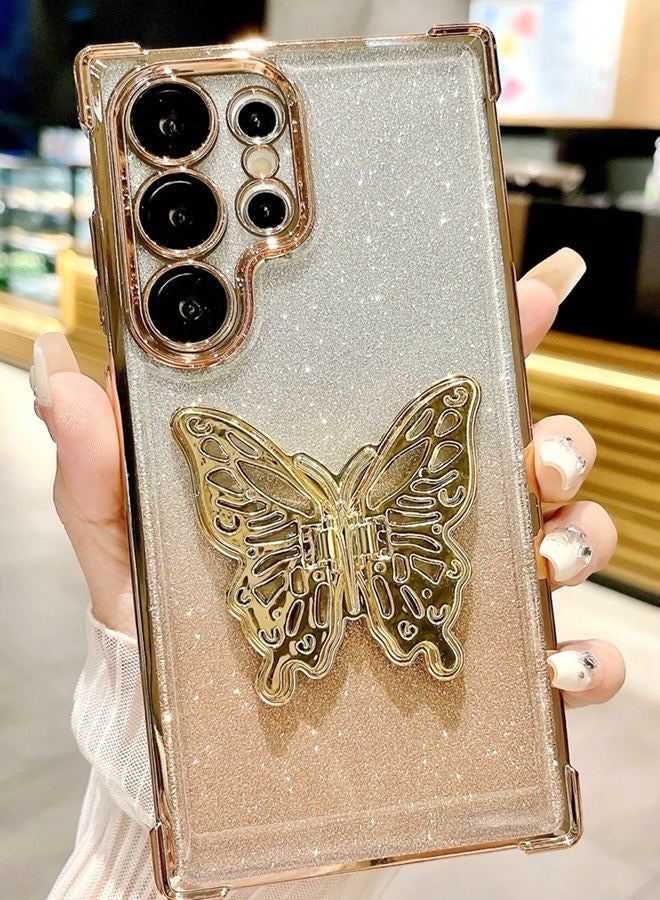 Glitter Case for Samsung S25 Ultra Case ，with Cute Butterfly Stand，Camera Lens Protector， Luxury Gradient Shockproof Phone Cover，Premium Fashion Samsung S25 Ultra Case for Women Girl ，Gold