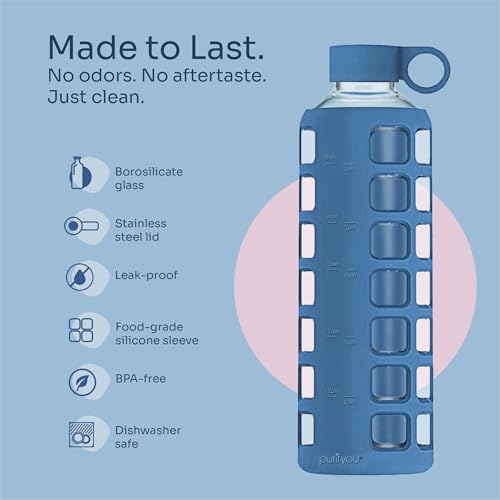 purifyou 40oz / 32oz / 22oz / 12oz Borosilicate Glass Water Bottle with Time & Volume Markers, Silicone Sleeve, Stainless Steel Lid | Reusable Glass Bottle for Water & Juice (22oz Chinese Porcelain) - Image 4
