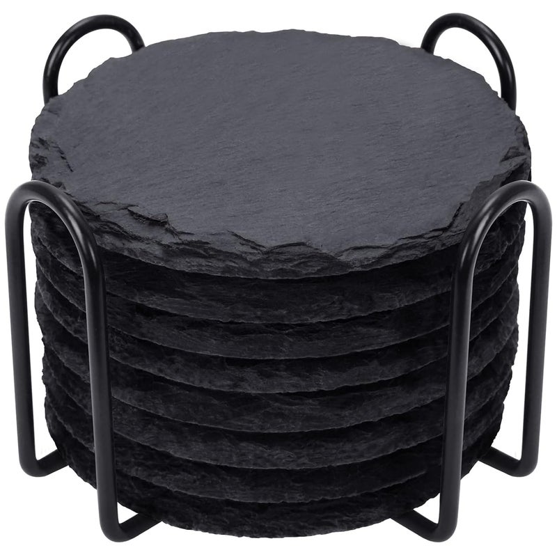 STORE 2508 Store2508 Drink Coasters with Holder, 8 Pieces Round Slate Stone Coasters 4 Inch Handmade Coasters for Bar and Home, Black  - Image 1