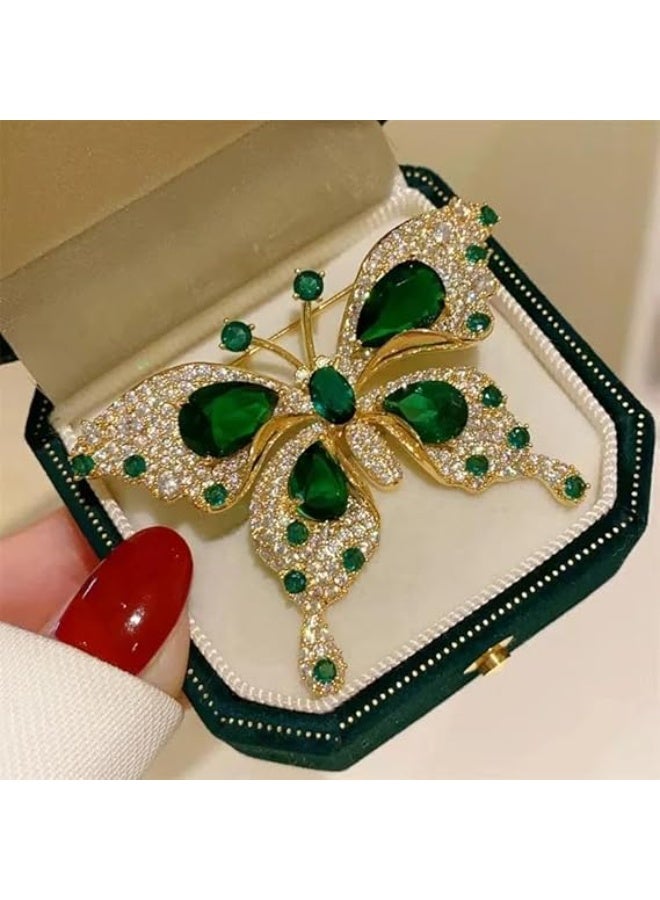 MySouq Store: Luxury Butterfly Brooch Pin with Sparkling Green Emerald-Look Crystal, Gold-Plated Women's Decorative Accessory for Clothes, Hijabs, and Dresses - Image 1
