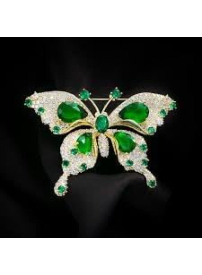 MySouq Store: Luxury Butterfly Brooch Pin with Sparkling Green Emerald-Look Crystal, Gold-Plated Women's Decorative Accessory for Clothes, Hijabs, and Dresses - Image 3
