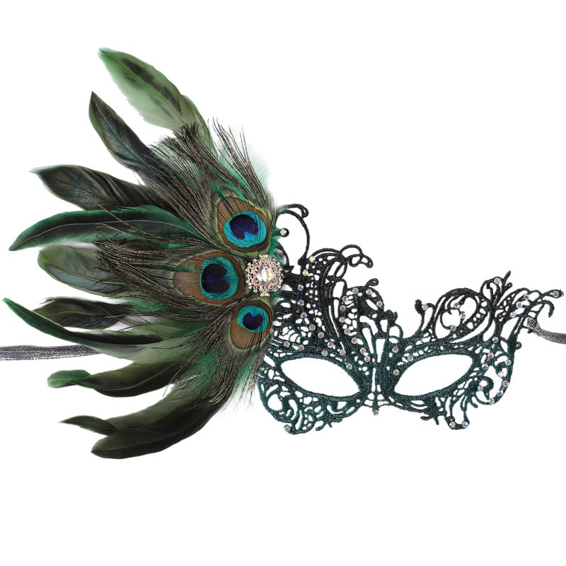 Zinniday Green Masquerade Masks for Women - Handmade Peacock Feather Mask with Lace Shiny Rhinestone Venetian Eyemask for Woman Couples Carnival Prom Ball Halloween Renaissance - Image 1