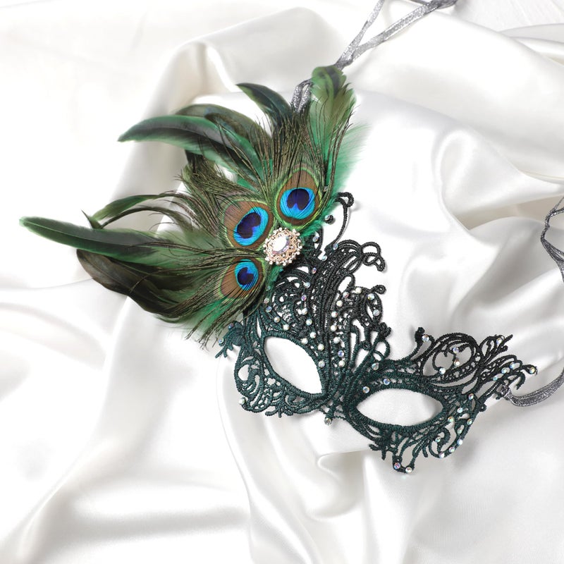 Zinniday Green Masquerade Masks for Women - Handmade Peacock Feather Mask with Lace Shiny Rhinestone Venetian Eyemask for Woman Couples Carnival Prom Ball Halloween Renaissance - Image 3
