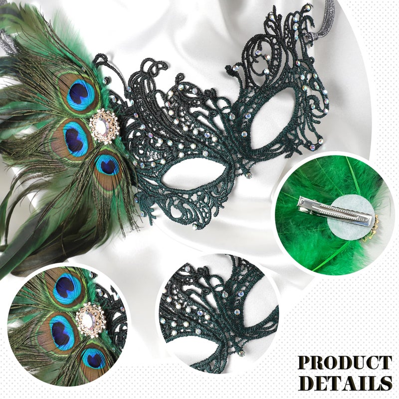 Zinniday Green Masquerade Masks for Women - Handmade Peacock Feather Mask with Lace Shiny Rhinestone Venetian Eyemask for Woman Couples Carnival Prom Ball Halloween Renaissance - Image 4
