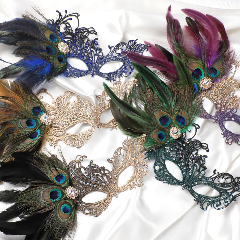 Zinniday Green Masquerade Masks for Women - Handmade Peacock Feather Mask with Lace Shiny Rhinestone Venetian Eyemask for Woman Couples Carnival Prom Ball Halloween Renaissance - Image 5