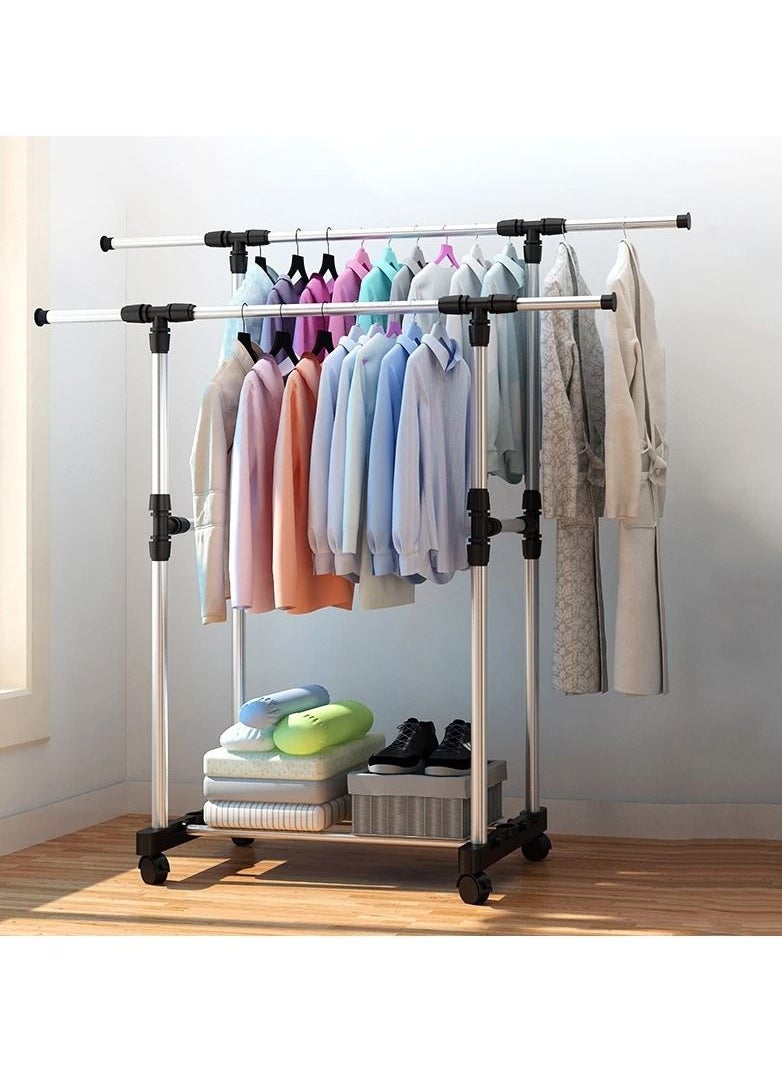 DOUBLE POLE - Adjustable Clothes Rack Single/Double Bars With Wheel Coat Shelf Hanging Drying Rack Floor Hanger Movable Clothes Storage - Image 1