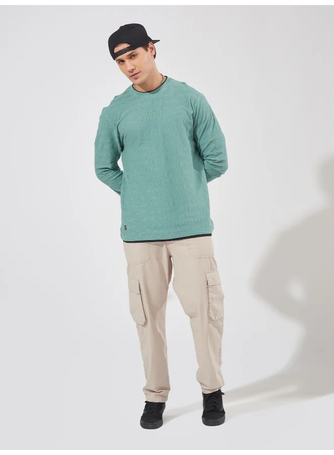 Maniac Maniac Men Solid Round Neck Full Sleeve Barley Green Cotton Slim Fit T-Shirt