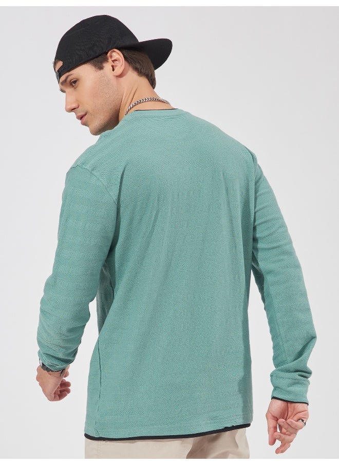 Maniac Maniac Men Solid Round Neck Full Sleeve Barley Green Cotton Slim Fit T-Shirt  - Image 2