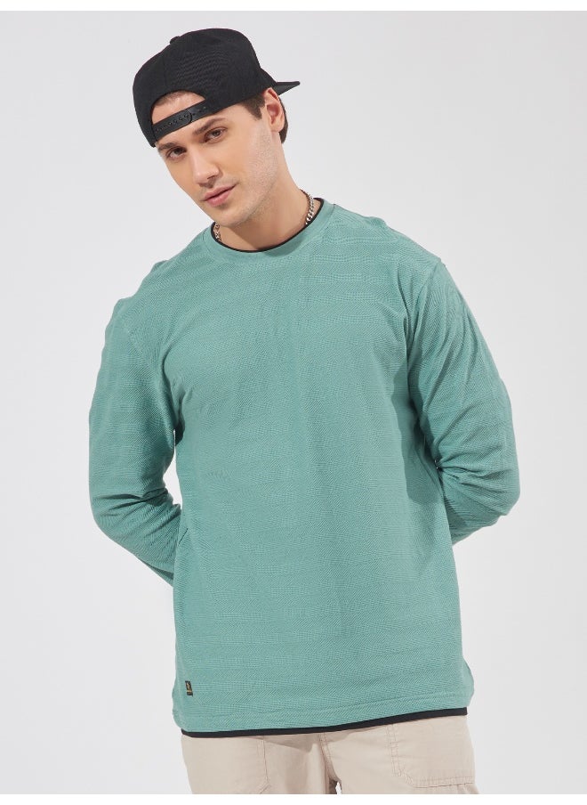Maniac Maniac Men Solid Round Neck Full Sleeve Barley Green Cotton Slim Fit T-Shirt  - Image 1