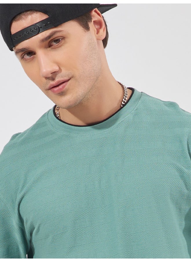 Maniac Maniac Men Solid Round Neck Full Sleeve Barley Green Cotton Slim Fit T-Shirt  - Image 4