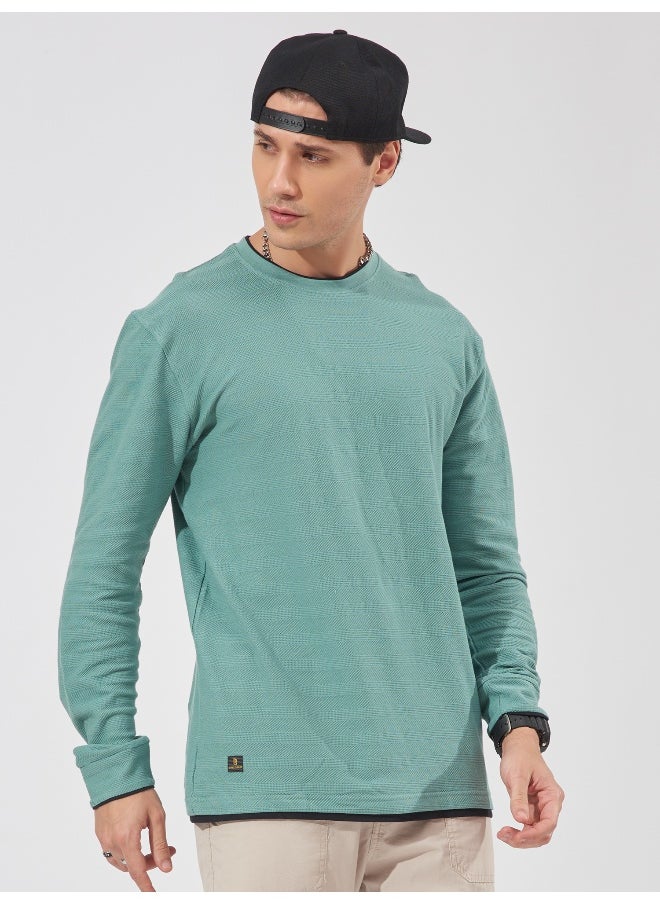 Maniac Maniac Men Solid Round Neck Full Sleeve Barley Green Cotton Slim Fit T-Shirt  - Image 3