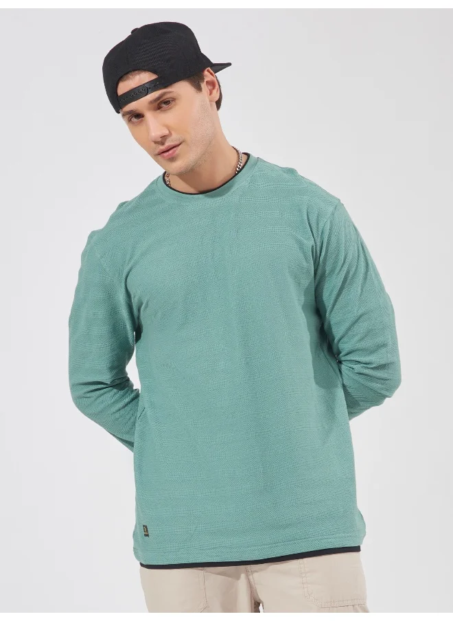 مانياك Maniac Men Solid Round Neck Full Sleeve Barley Green Cotton Slim Fit T-Shirt