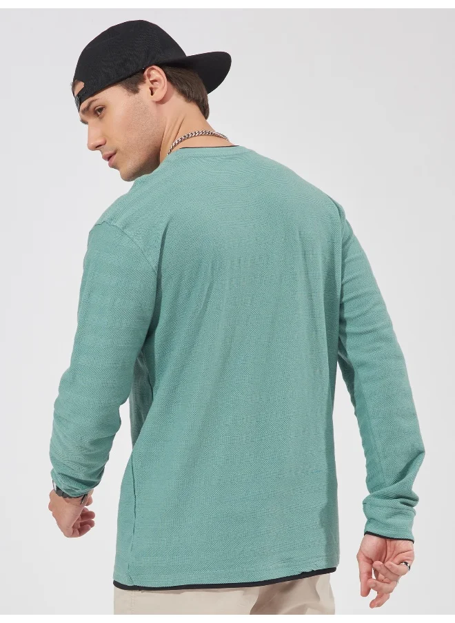 Maniac Maniac Men Solid Round Neck Full Sleeve Barley Green Cotton Slim Fit T-Shirt