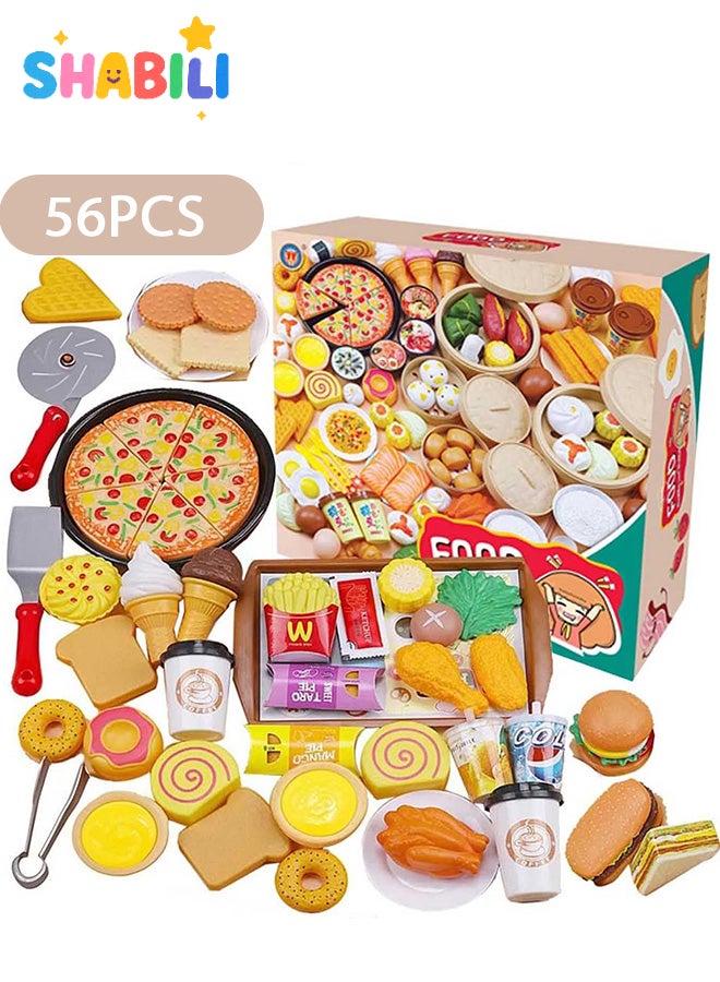 شبيلي طقم ألعاب الطعام للأطفال، طقم ألعاب المطبخ للبنات، ألعاب التظاهر تشمل البرجر، البطاطس المقلية، الآيس كريم، الهوت دوغ، الكولا للمتعة والتعليم، هدية عيد ميلاد وعطلات للأطفال من الأولاد والبنات - 56 قطعة. - Image 1