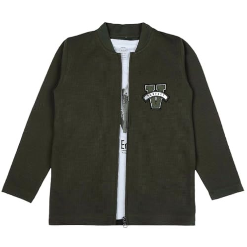 CAVIO Boys Cotton Blend Full Sleeves Zipper Jacket and T-Shirt DarkGreen - Image 1