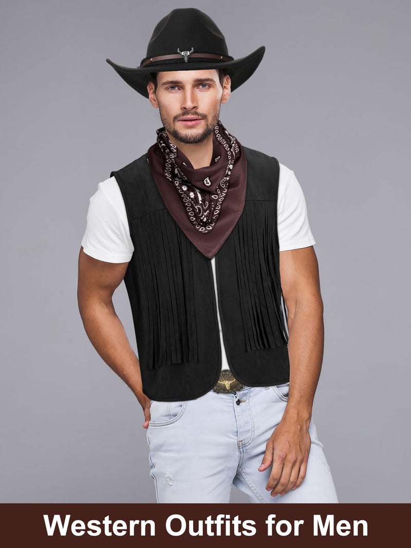 Toulite 4 Pcs Western Outfits for Men Cowboy Tassel Vest Hat Belt Buckle Paisley Bandana for Halloween Cosplay (Black, Black, Coffee,Small) - Image 2