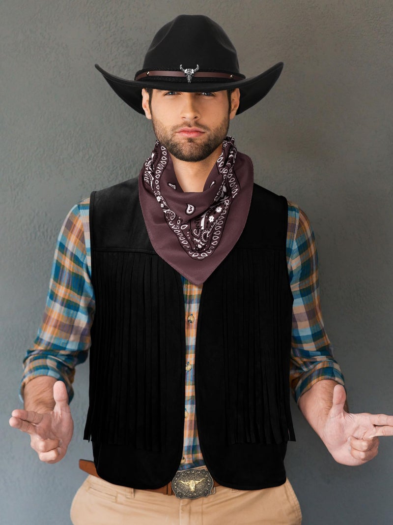 Toulite 4 Pcs Western Outfits for Men Cowboy Tassel Vest Hat Belt Buckle Paisley Bandana for Halloween Cosplay (Black, Black, Coffee,Small) - Image 4