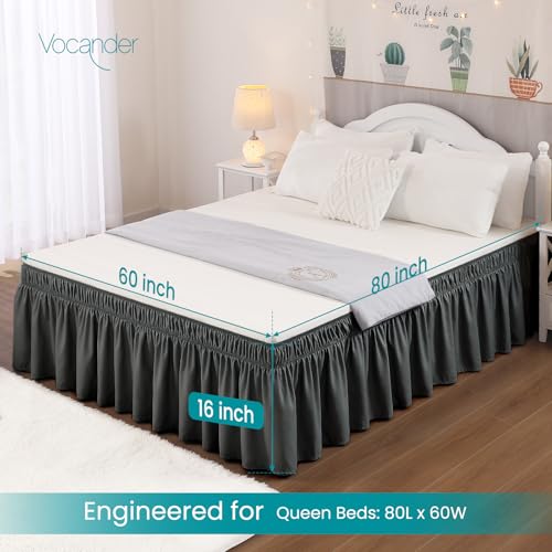 Vocander Wrap Around Black Queen Size Bed Skirt 16 Inch Drop, Elastic Dust Ruffle Easy to Put On, Solid Bedskirt Polyester Fabric Machine Washable Dryable and Ironable - Image 2