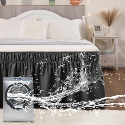 Vocander Wrap Around Black Queen Size Bed Skirt 16 Inch Drop, Elastic Dust Ruffle Easy to Put On, Solid Bedskirt Polyester Fabric Machine Washable Dryable and Ironable - Image 1