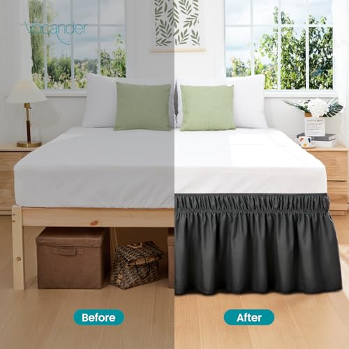 Vocander Wrap Around Black Queen Size Bed Skirt 16 Inch Drop, Elastic Dust Ruffle Easy to Put On, Solid Bedskirt Polyester Fabric Machine Washable Dryable and Ironable - Image 3