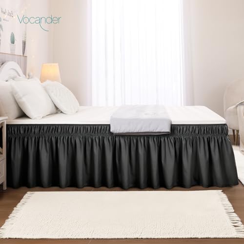 Vocander Wrap Around Black Queen Size Bed Skirt 16 Inch Drop, Elastic Dust Ruffle Easy to Put On, Solid Bedskirt Polyester Fabric Machine Washable Dryable and Ironable - Image 5
