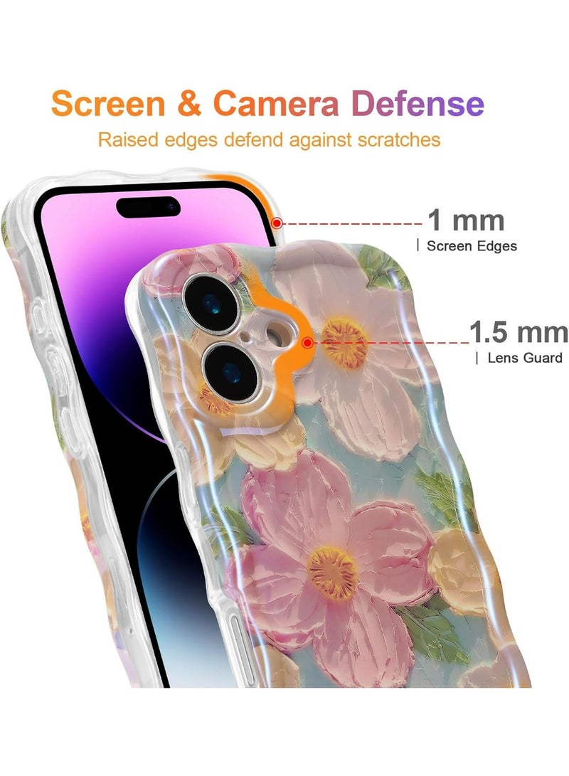 مونوج جراب لهاتف iPhone 16، جراب واقٍ أنيق ومتين من مادة TPU للفتيات والنساء، بنمط زهور لامع بالليزر ولوحة زيتية ريترو ملونة وحواف موجية مجعدة لطيفة - Image 5