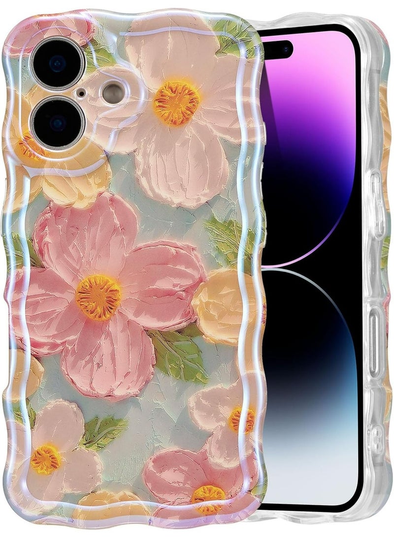 مونوج جراب لهاتف iPhone 16، جراب واقٍ أنيق ومتين من مادة TPU للفتيات والنساء، بنمط زهور لامع بالليزر ولوحة زيتية ريترو ملونة وحواف موجية مجعدة لطيفة - Image 1