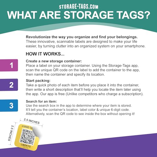 STORAGE-TAGS QR Code Storage Tags (Multicolored) - Smart Stickers - Tracking Labels for Totes - Scan Storage Bins & Containers - Moving House - Track Inventory - Android and iOS App - Pack of 60 - Image 3