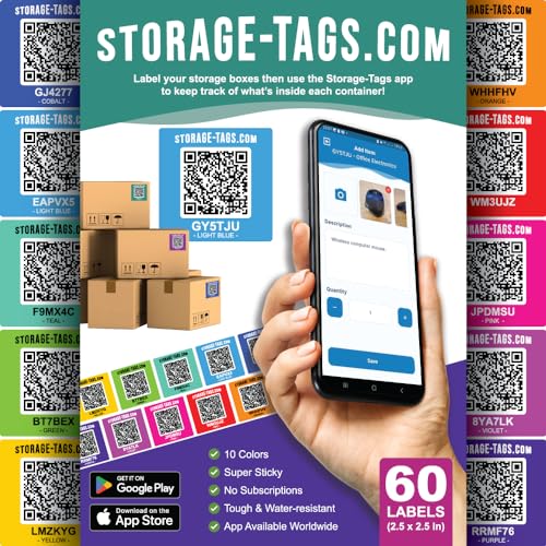 STORAGE-TAGS QR Code Storage Tags (Multicolored) - Smart Stickers - Tracking Labels for Totes - Scan Storage Bins & Containers - Moving House - Track Inventory - Android and iOS App - Pack of 60 - Image 1