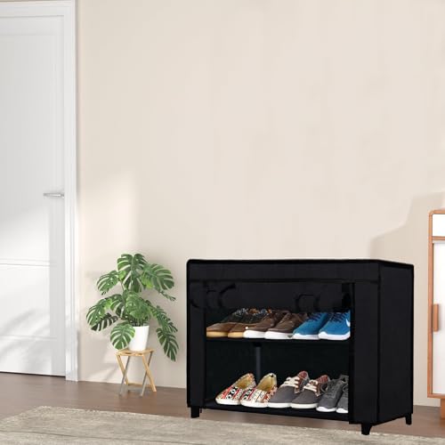 PHILOSHOP 2-Layer Shoe Rack with Fabric Shelves & Cover – Space Saving Shoe Organizer for Entryway, Closet, or Bedroom Black - Image 4