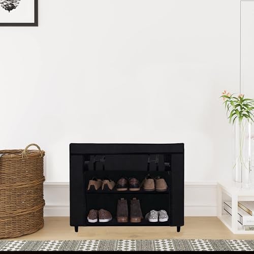 PHILOSHOP 2-Layer Shoe Rack with Fabric Shelves & Cover – Space Saving Shoe Organizer for Entryway, Closet, or Bedroom Black - Image 2
