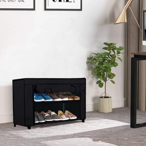 PHILOSHOP 2-Layer Shoe Rack with Fabric Shelves & Cover – Space Saving Shoe Organizer for Entryway, Closet, or Bedroom Black - Image 5